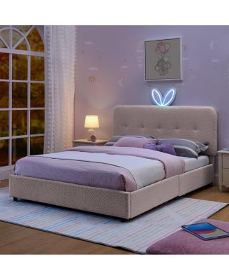 Kids Upholstered Bed w/ Rabbit Headboard, LED and Drawers