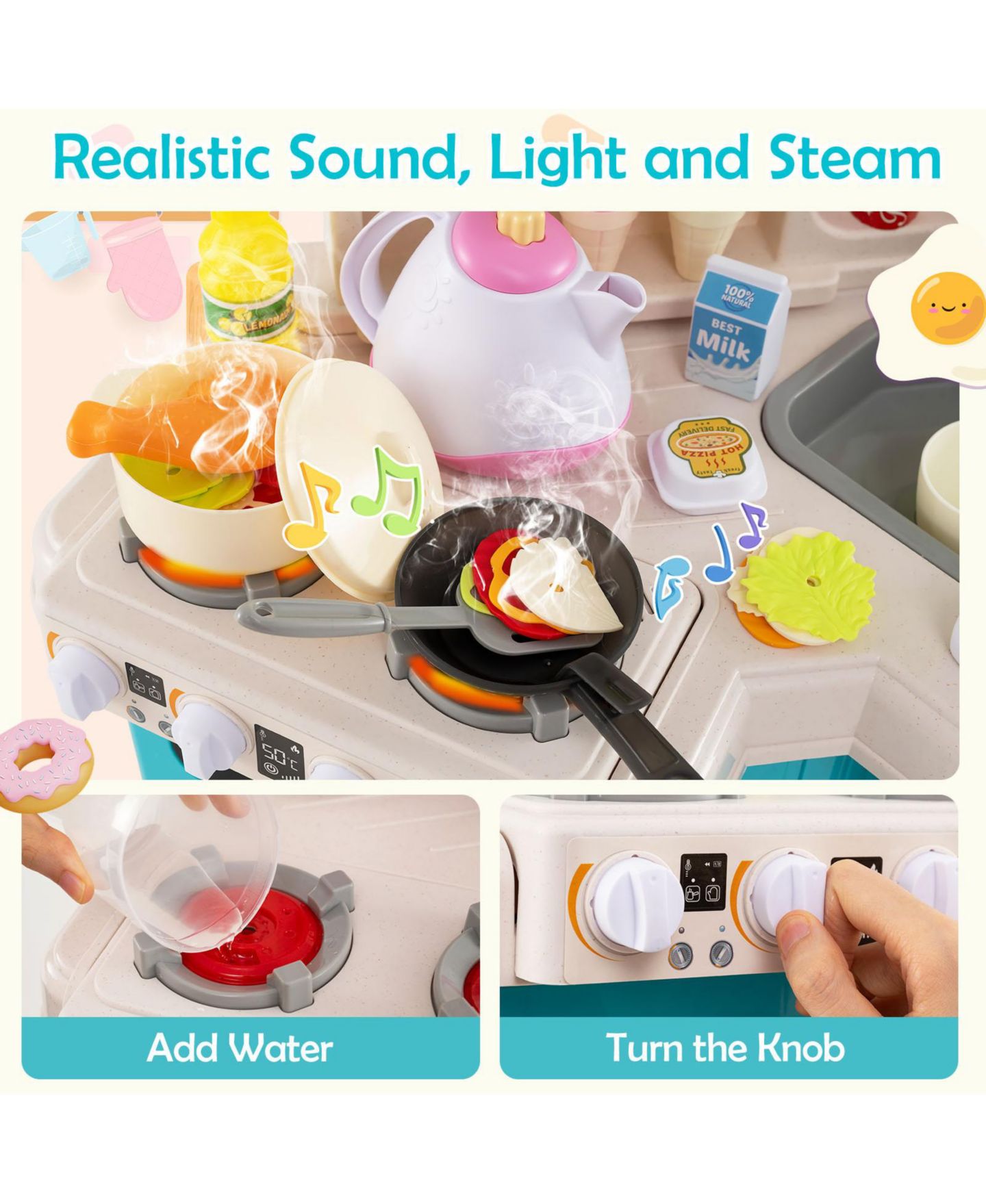Детские игрушки Slickblue Realistic Lights and Sounds Corner Play Kitchen 114-Piece Set, Ages 3+, цвет: Синий — фото 5