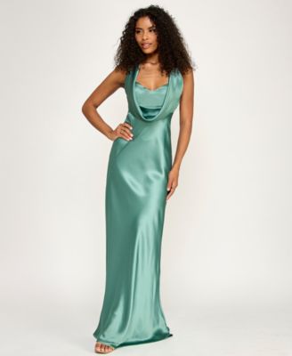 Juniors' Satin Cowl-Neck Halter Gown