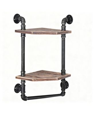 Industrial Pipe Shelf Rustic Corner Metal Wood Bathroom Wall Mounted Towel Bar