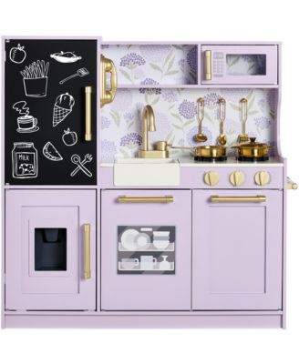 Pretend Play Kitchen Wooden Toy Set for Kids w/ Telephone, Utensils, Oven, Microwave