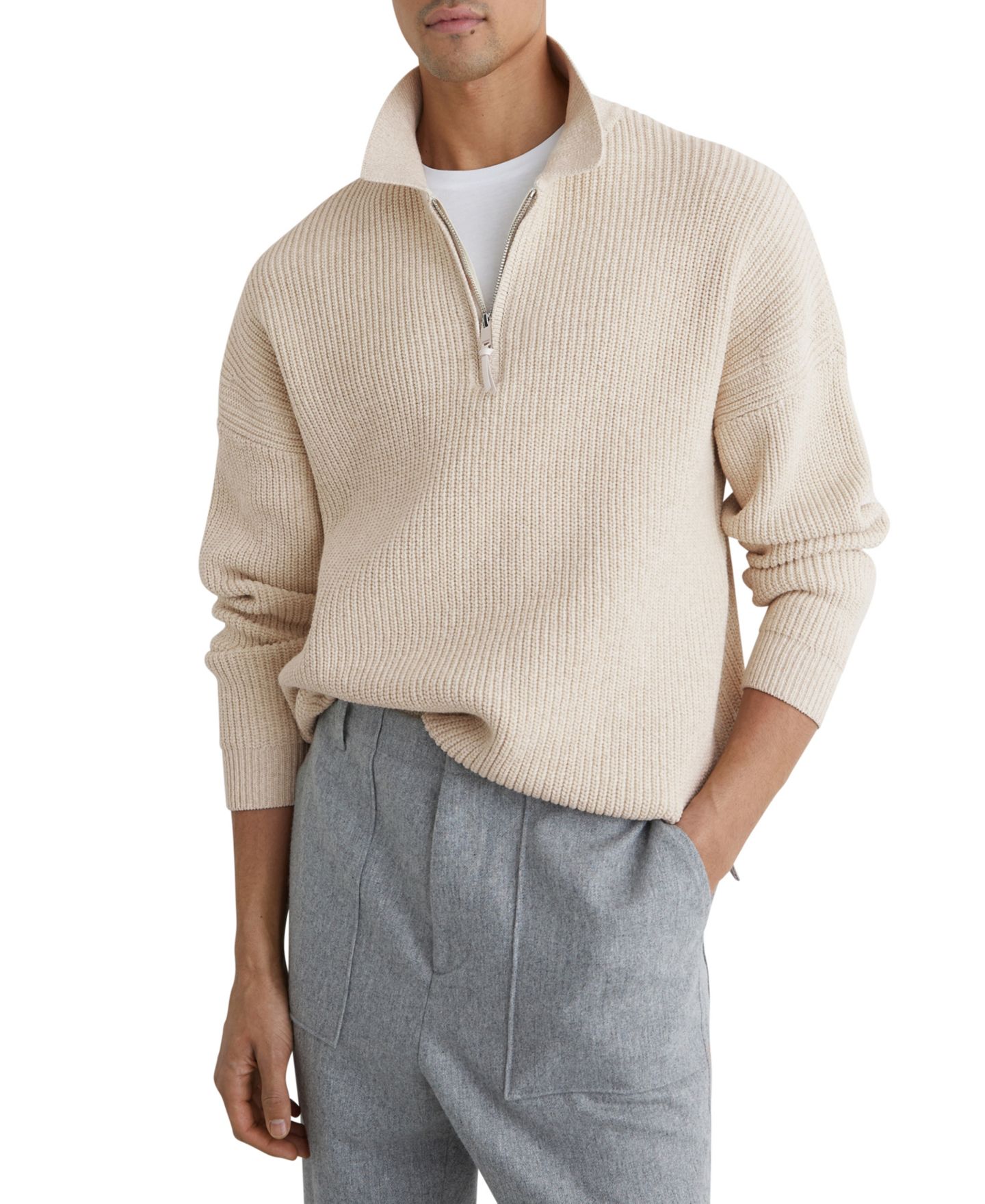 Мужской свитер REISS Prop Cotton-Blend Rib Half-Zip Polo Sweater, цвет: Овсяный меланжевый — фото 1