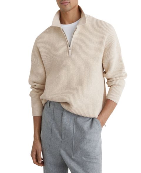 Мужской свитер REISS Prop Cotton-Blend Rib Half-Zip Polo Sweater, цвет: Овсяный меланжевый