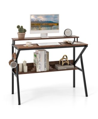 Space Saving Computer Desk with Monitor Stand and Extra Storage Shelf for Work Study-Rustic Brown