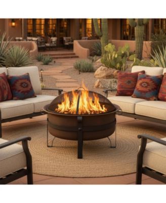 Outdoor Camping or Backyard Large Round Cauldron Fire Pit Bowl with Log Poker and Spark Screen - 29"