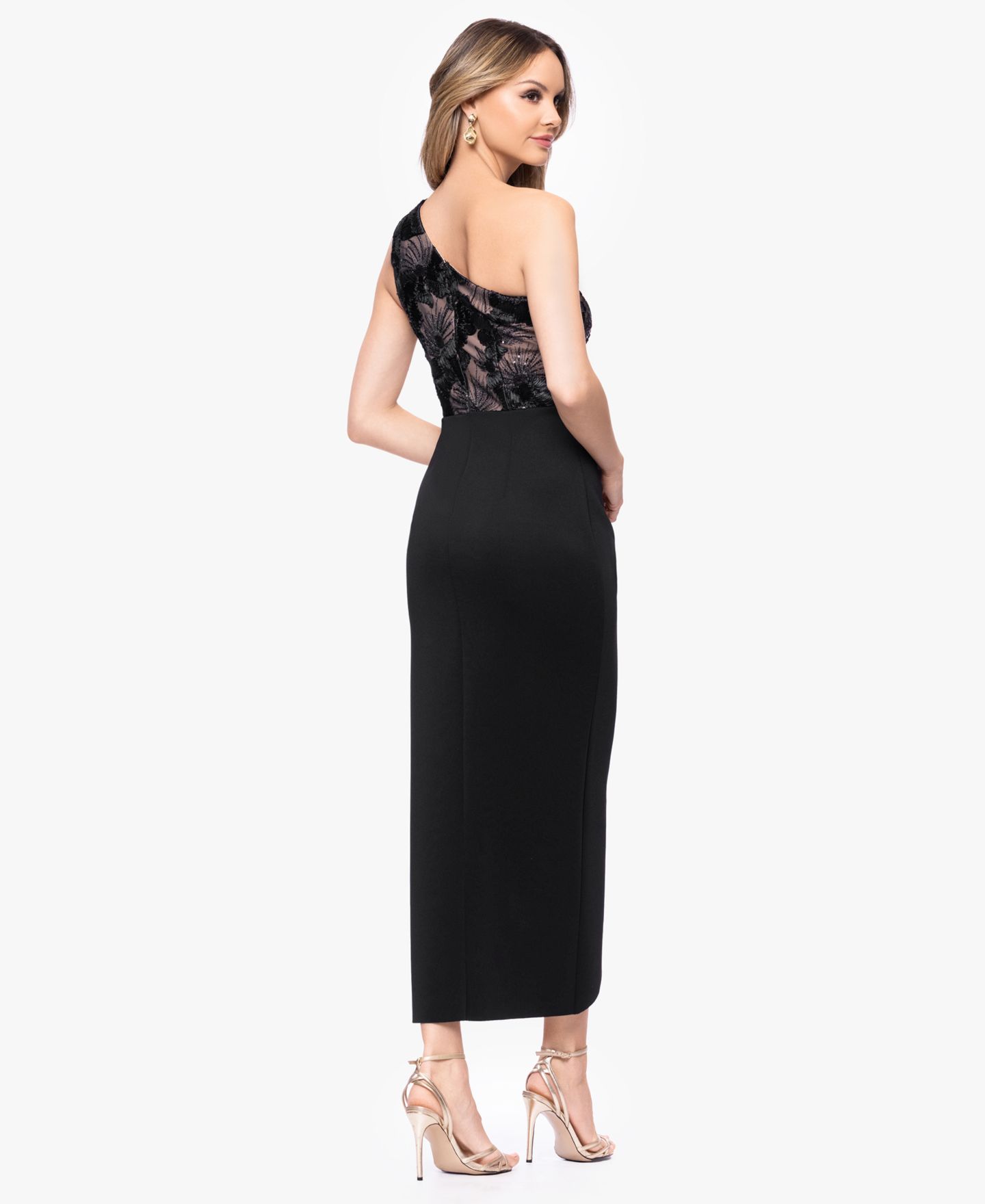 Женское платье Betsy & Adam Petite One-Shoulder Midi, цвет: Чёрный телесный — фото 4