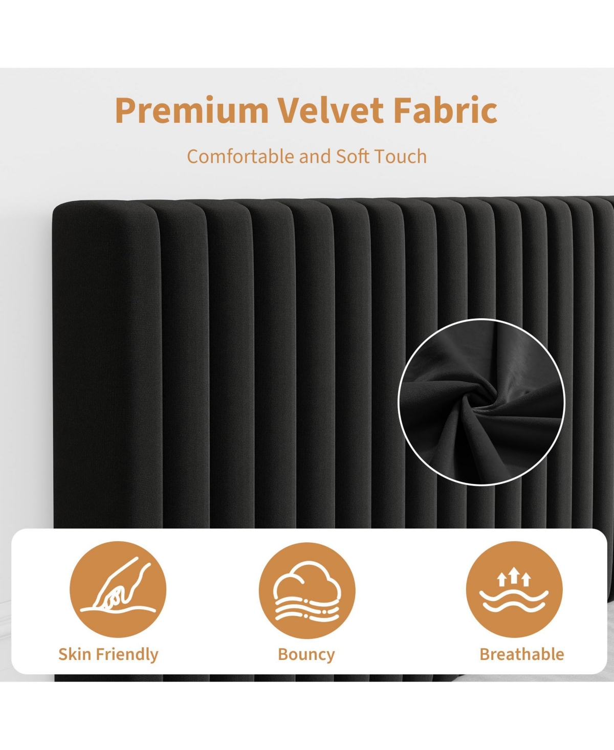 Homfan Velvet Bed Frame, Vertical Channel Tufted Headboard, Height Adjustable