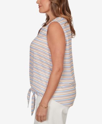 Plus Size Striped Slub Sleeveless Henley Tie Front Top