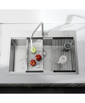 Stainless Steel Kitchen Sink, 33x22 Single Bowl, Overmount Handmade Sink in Brushed, with Cutting Board, Colander, Grid, LS-SSBR01