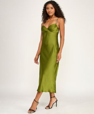 olive green dresses for juniors Zapaka Women Olive Wedding Guest Dress Spaghetti Straps Corset A Line Bridesmaid Dress with Slit, Dark Green / US10 main image 1