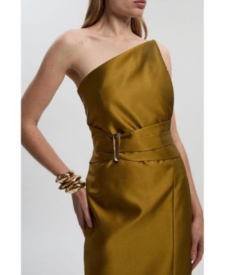 Women's Satin Twill Asymmetric Neck Midi Dress