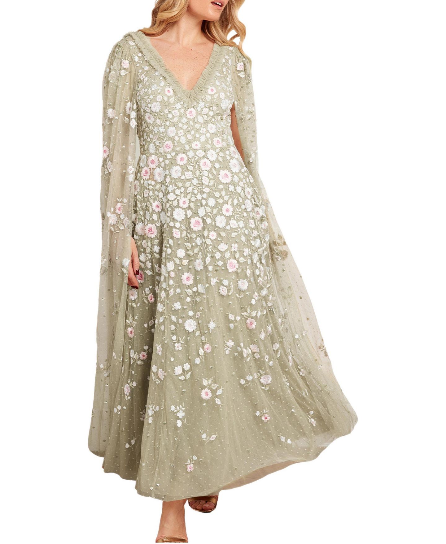 Женское платье Needle & Thread Ethereal Blooms Cape Sleeve Ankle Gown, цвет: Aloe / Разноцветный — фото 1