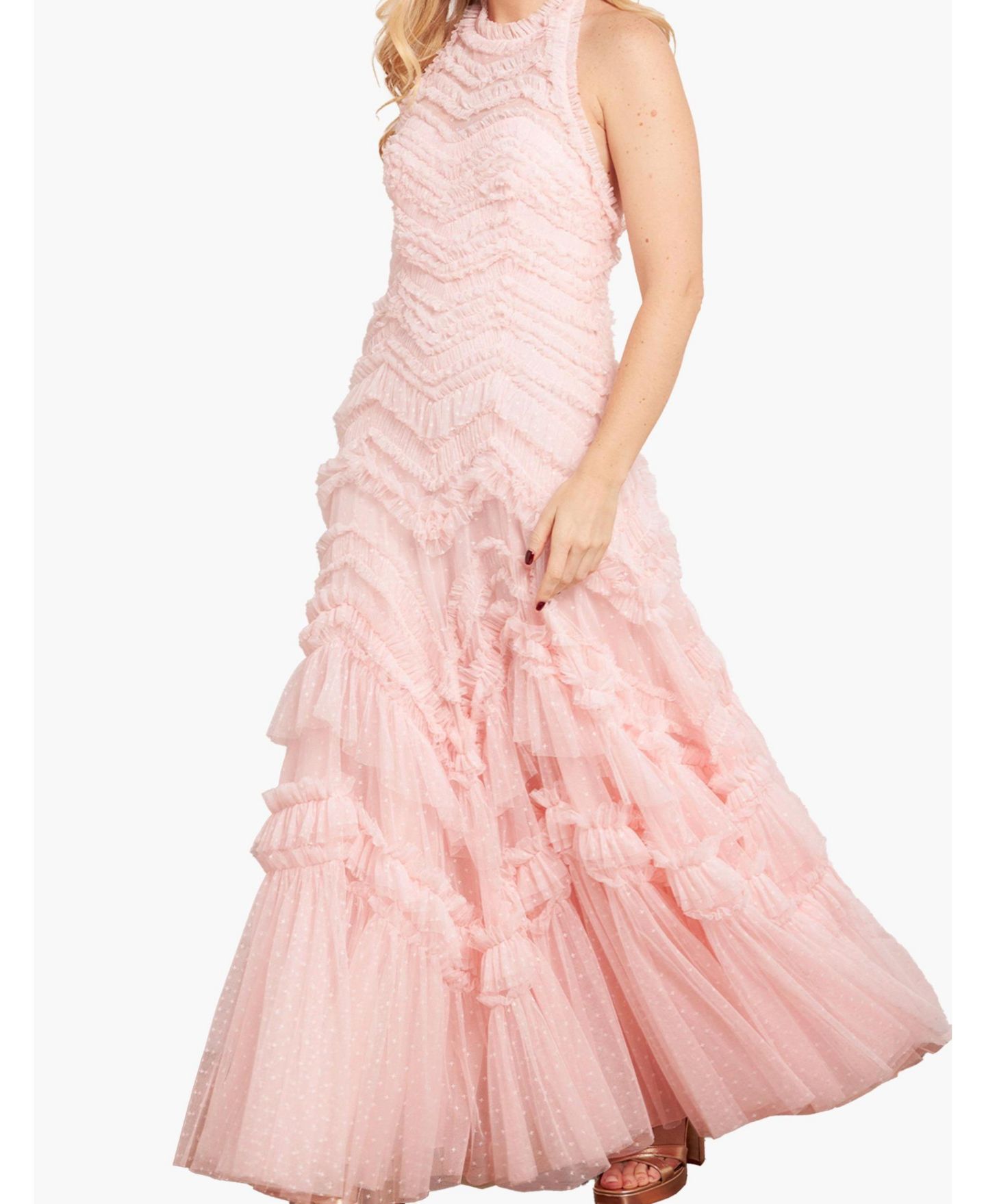 Женское платье Needle & Thread Elia Halter Neck Ruffle Tulle Maxi Gown, цвет: Seashell — фото 8