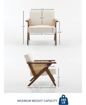 Mid-Century Modern Accent Chair,Linen Upholstered Vintage Rattan Vanity Chair Cute Reading Arm Chair Wood Frame for Lounge,Living Room,Bedroom.