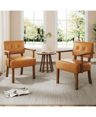 Set of 2 Mid Century Modern Accent Chairs, Faux Leather Armchairs with Button Tufted Back,Upholstered Lounge Chair Set with Wood Frame