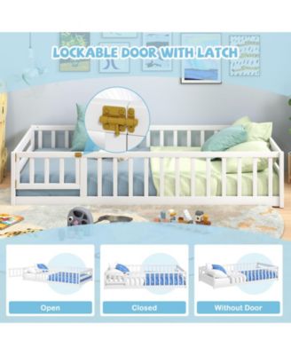 Twin Size Kids Montessori Floor Bed with Lockable Door and Fence Guardrails