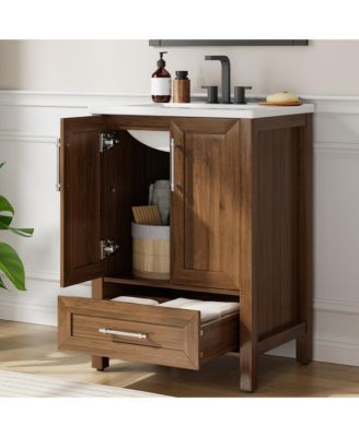 Bathroom Vanity with Ceramic Sink, Bathroom Storage Cabinet with Drawer and 2 Soft Closing Doors, Single Sink Bathroom Vanity with Integral Top