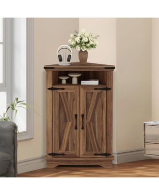 Farmhouse Corner Bathroom Cabinet with Sliding Barn Door - Adjustable Shelf and Compact Organizer - Space-Saving Floor Standing Cabinet