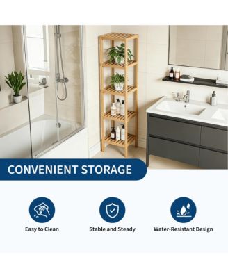5-Tier Bamboo Shelf Narrow Bathroom Shelf with Slatted Shelves Wood Plant Stand Standing Towel Rack Corner Rack