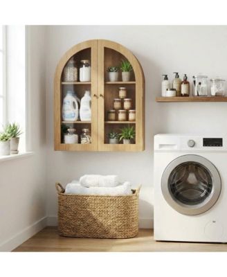Arched Bathroom Wall Cabinet with Glass Doors and Adjustable Shelves, Wood Over Toilet Storage Organizer for Bathroom and Laundry Room