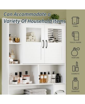 Over Toilet Storage Cabinet with Glass Doors and Adjustable Shelves, 67.4 in Tall Bathroom Organizer for Bath or Laundry