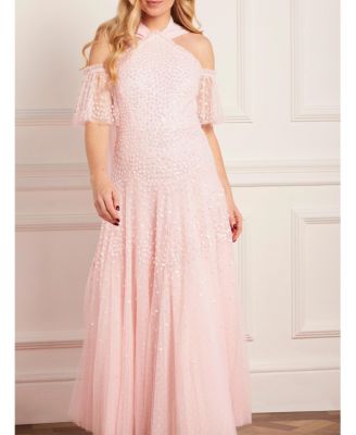 Women's Scallop Sequin Halter-Neck Ankle Gown