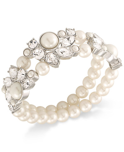 Carolee Silver-Tone Imitation Pearl and Crystal Double-Row Stretch Bracelet