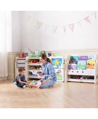 4-Tier Kids Toy Storage with Bookshelf, Drawing Board and 10 Bins, 88.6 x 36 in