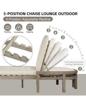 Patio Acacia Wood Reclining Chaise Lounge - Adjustable 5-Gear Backrest and Comfort Cushioned Seat, Outdoor Furniture for Deck and Lawn