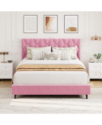 Queen Upholstered Bed Frame with Headboard, Heavy-Duty Platform with Wood Slats,