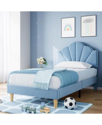 Twin Velvet Bed Frame with Shell Headboard, Adjustable Upholstered Platform