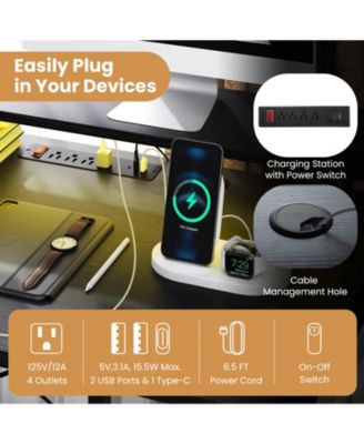 L-Shaped Gaming Desk with LED Lights and Power Outlets