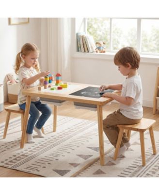 Kids Wooden Activity Table Set with Chalkboard and Foldable Bins