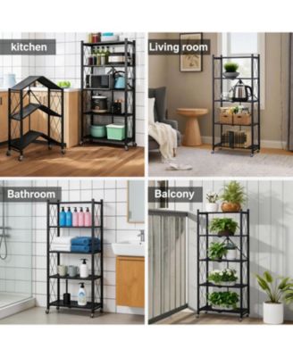 5-Tier Foldable Metal Storage Cart with Wheels - Rolling Utility Shelf, for Bathroom, Laundry Room