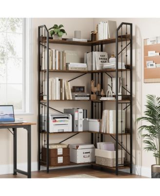  Industrial L-Shaped Corner Bookshelf, 5-Tier Bookcase Storage Display Shelf