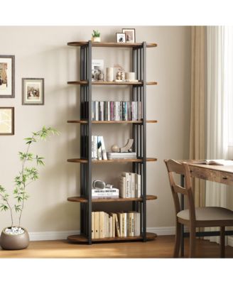  6-Tier Industrial Wooden Bookshelf, Metal Frame Freestanding Large Open Bookcase