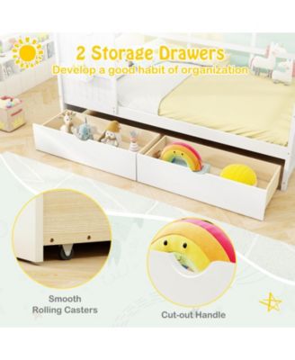 House Bed Kids Bed Frame w/ 2 Storage Drawers & Fence Guardrails