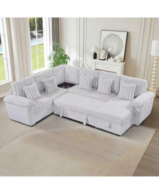 110" U-shaped corduroy sofa with storage, pull-out bed & coffee table