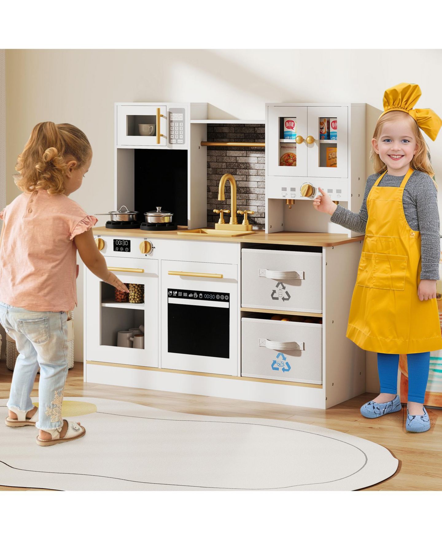Детская игрушка Slickblue Wooden Kids Play Kitchen With Light and Sound, от 3 лет, цвет: Белый / Коричневый — фото 4