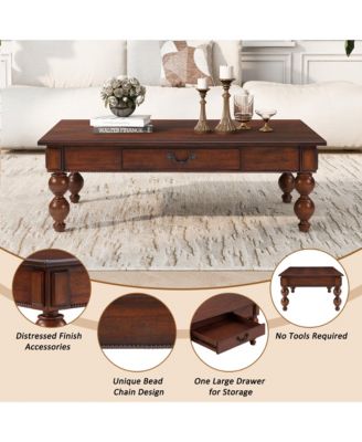Rectangular Wooden Coffee Table - Vintage Center Table with Storage Drawer and Gourd-Shaped Legs for Living Room