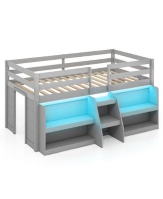 LED Twin Loft Bed with Staircase and Bookcase Storage