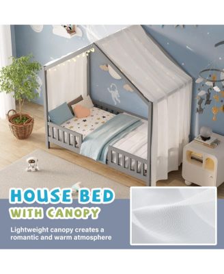   Montessori House Floor Bed with Canopy and Railings