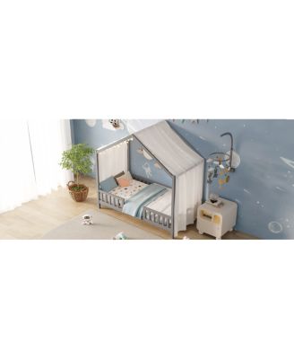   Montessori House Floor Bed with Canopy and Railings