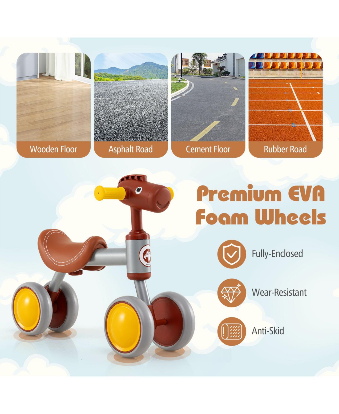 Детская игрушка Slickblue Baby No-Pedal 4-Wheel Balance Bike, Ages 18-36 Months, цвет: Коричневый — фото 8