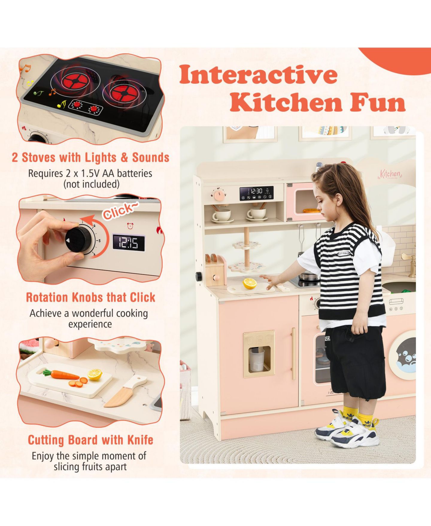 Детские игрушки Slickblue Interactive Lights and Sound 25-Piece Play Kitchen, Ages 3+, цвет: Розовый — фото 8