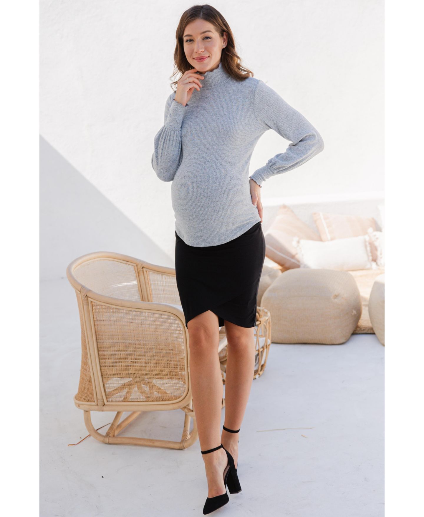 Женская юбка Hello Miz Maternity Ruched Slim Fit Knee-Length Skirt with Over-the-Belly Waist, цвет: Чёрный — фото 5