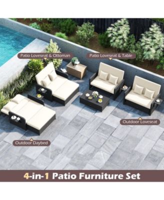 PE Wicker Outdoor Daybed with 4-Level Adjustable Backrest and Ottoman