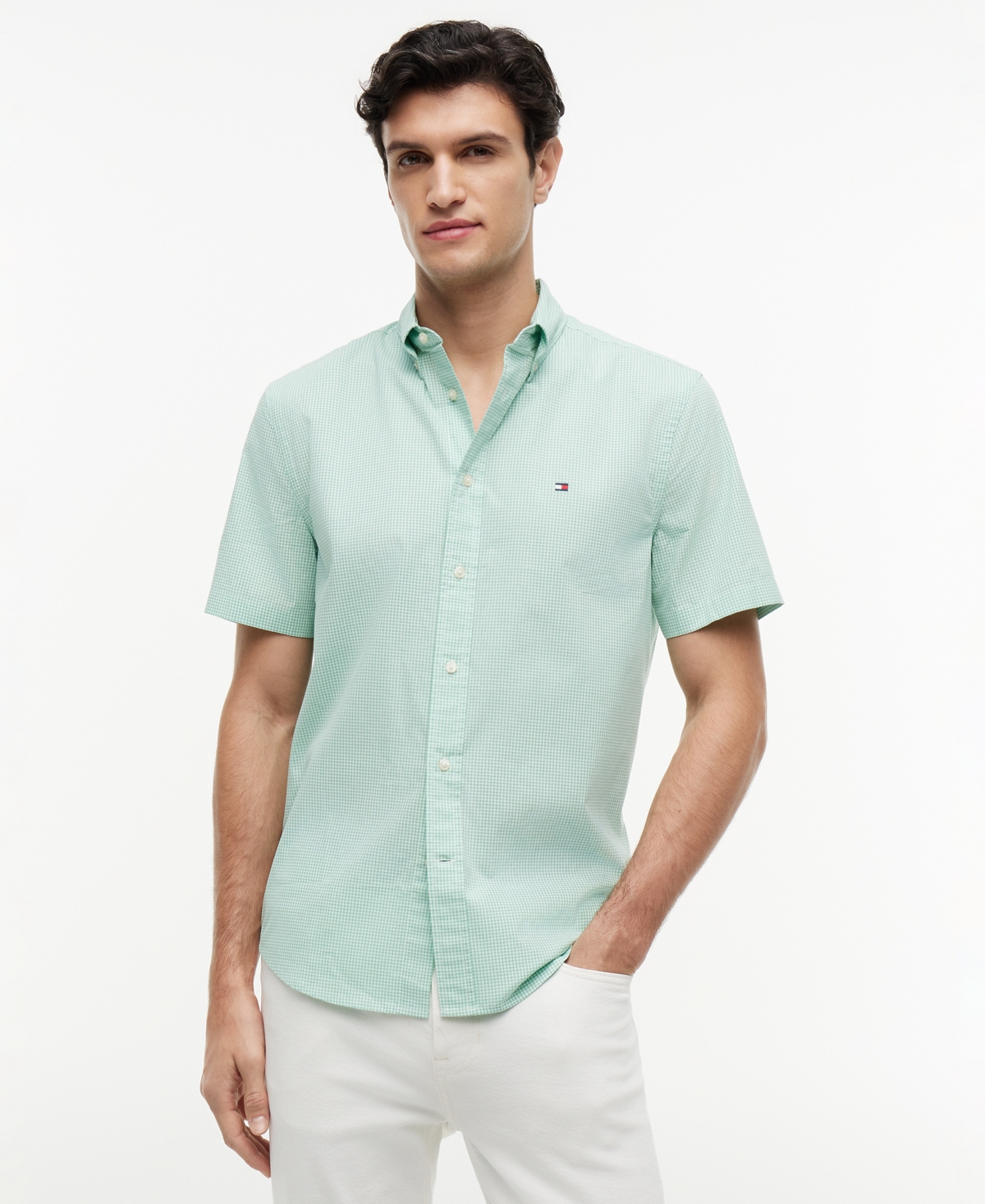 Tommy Hilfiger Men's Flex Poplin Gingham Short-Sleeve Shirt - Cut Grass / Check