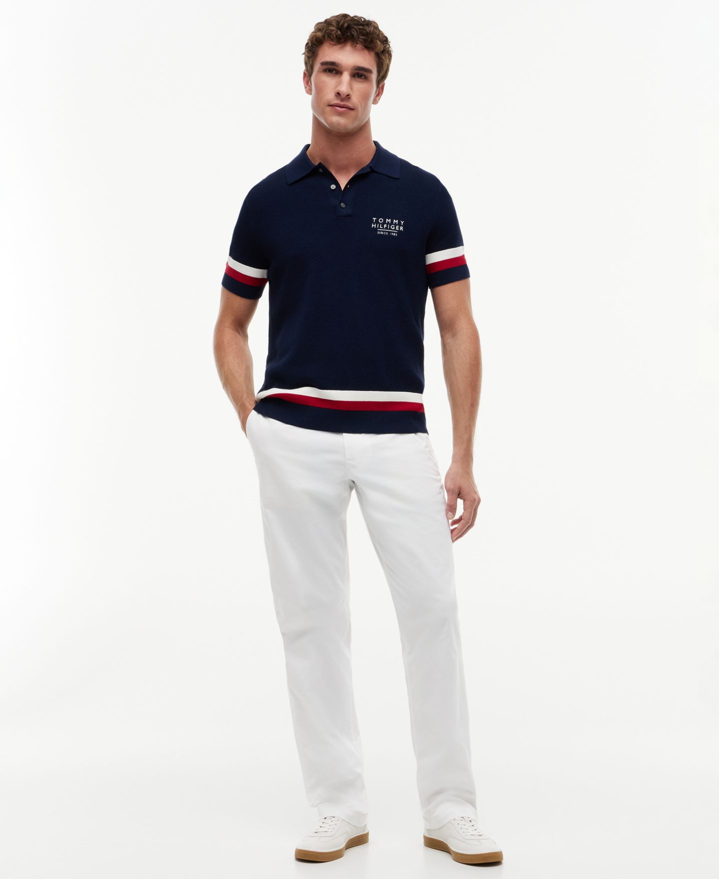 Мужские рубашки Tommy Hilfiger Textured Red, White and Blue Short-Sleeve Sweater Polo, цвет: Карбоновый тёмно-синий — фото 2