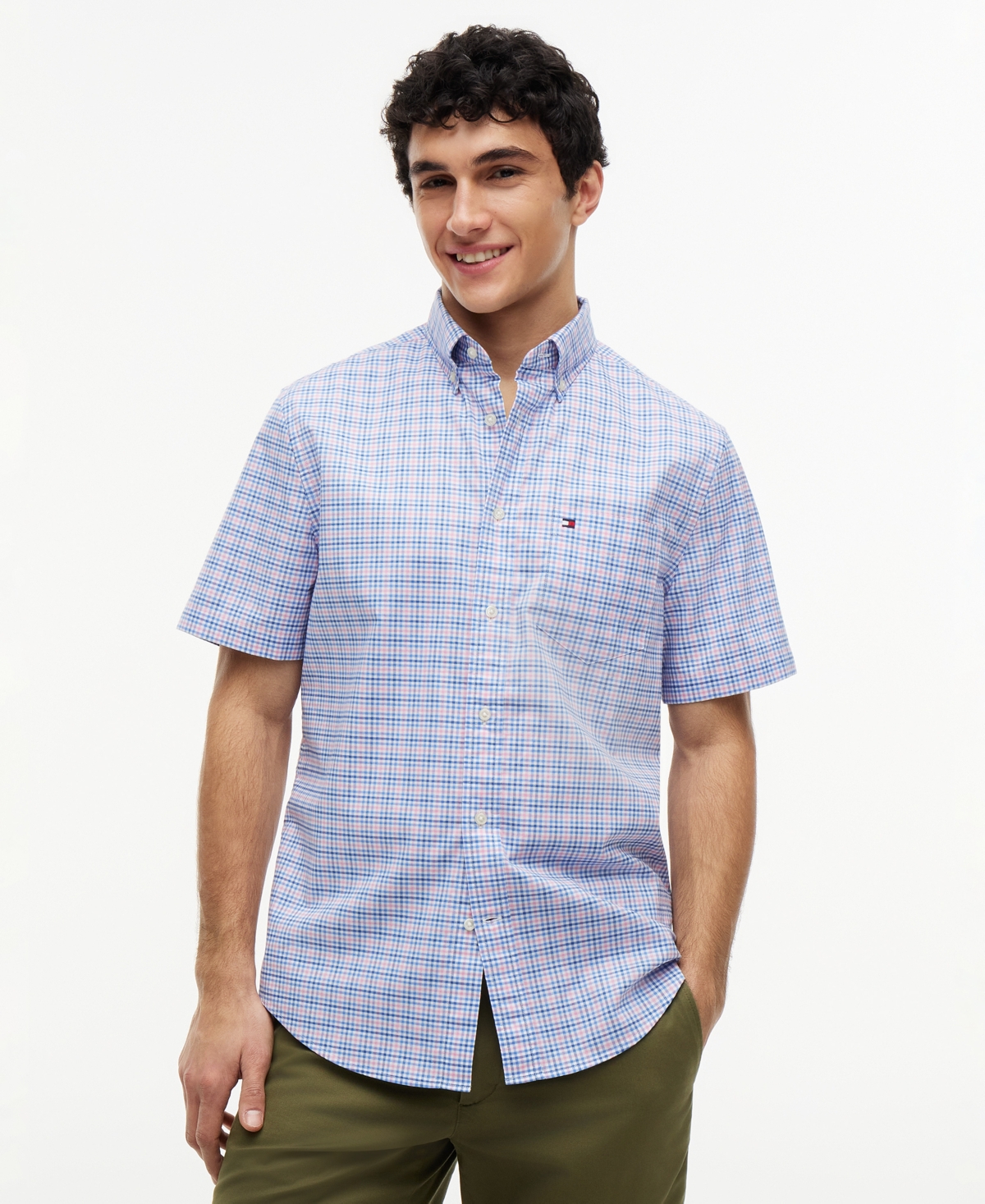 Tommy Hilfiger Men's Oxford Multi-Gingham Short-Sleeve Shirt - Rose Petal / Check
